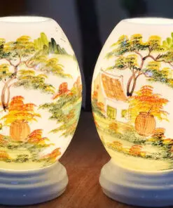Combo Đèn Xông Tinh Dầu Bát Tràng Dáng Trứng Phong Cảnh