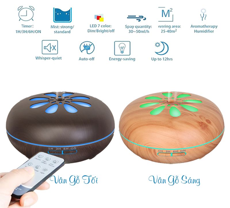 Máy Khuếch Tán Tinh Dầu Cánh Hoa Đen- Vân Gỗ Sáng